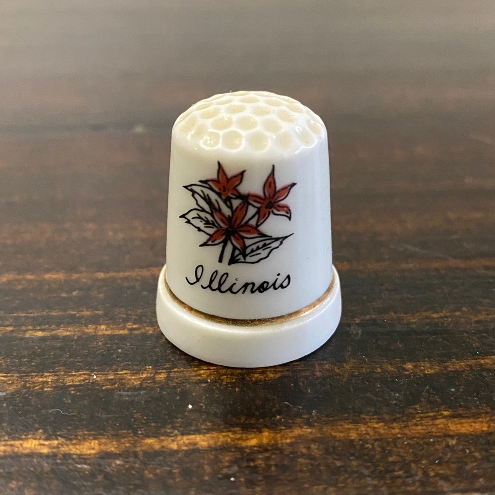 Illinois State Souvenir Vintage Porcelain Thimble‎ Floral Orange Lily Gold Trim